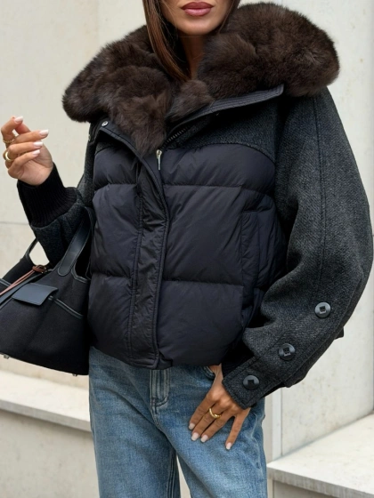 Короткий пуховик на молнии с меховым воротником - фото 5