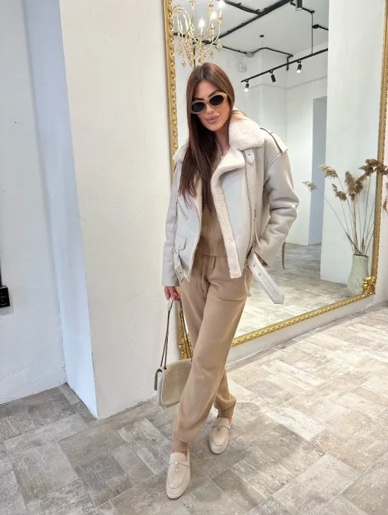 Дубленка-авиатор из натуральной овчины со шнуровкой - фото 3