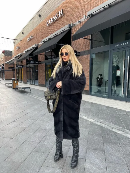 Шуба из меха норки с английским воротником - цвет графит - фото 4