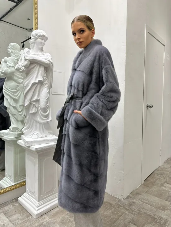 Норковая шуба воротник отворот - цвет сапфир - фото 4