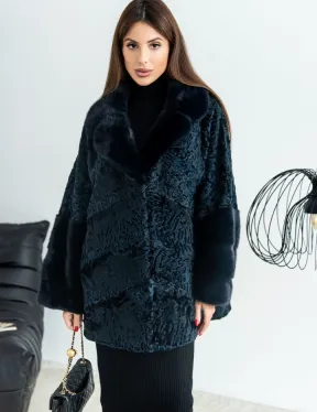 Полушубок из каракульчи свободного кроя с отделкой из меха норки - цвет темно-синий - фото 1