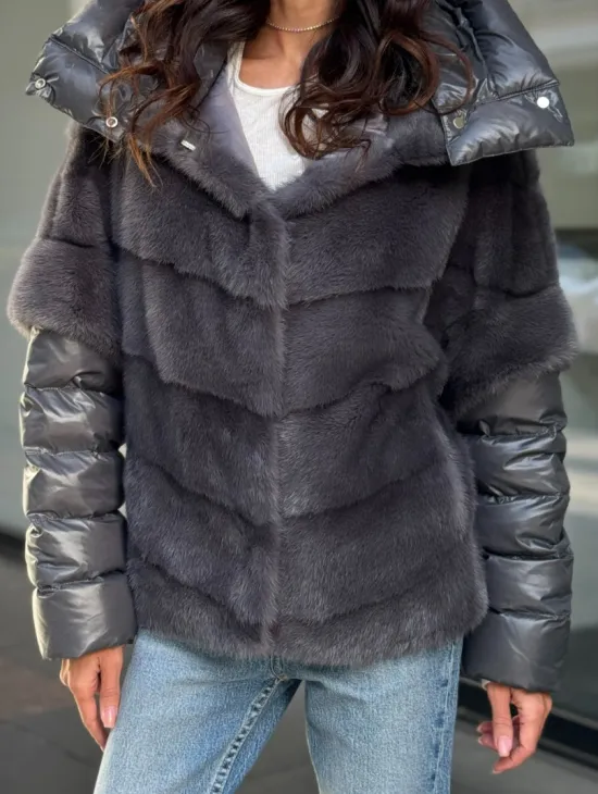 Норковый пуховик/жилет 2в1 - светлый графит - фото 2