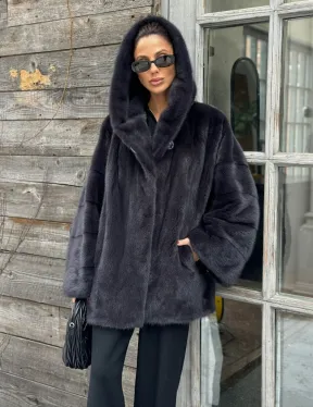 Шуба норковая с капюшоном - цвет графит - фото 2