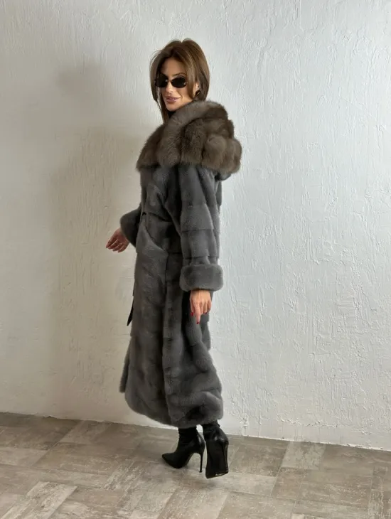Удлиненная норковая шуба с капюшоном из куницы - цвет графит грей - фото 6