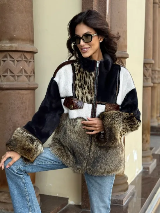 Комбинированная курточка из меха норки и енота - цвет графит - фото 9