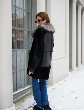 Дубленка черная с меховым воротником - фото 3