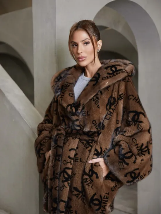 Норка роспуск с капюшоном летучая мышь, принт - фото 0