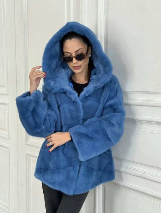 Норковый полушубок с капюшоном, паркет - цвет васильковый - фото 3
