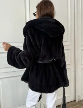 Норковый жакет с капюшоном, роспуск - цвет графит - фото 2